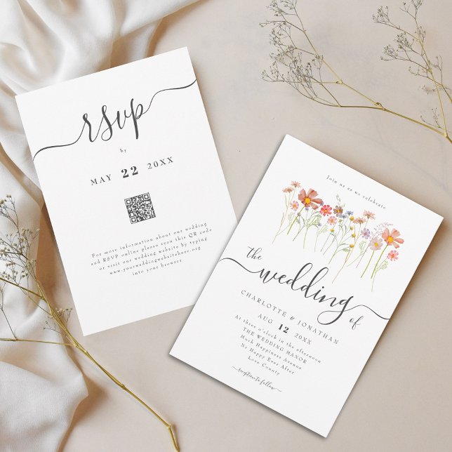 Convite Wildflower Boho Wedding QR code (Colorful wildflower boho wedding qr code invitation Whimsical elegant script watercolor meadow)