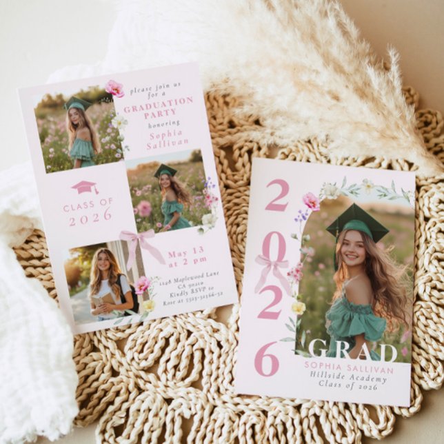 Convite Wildflower Bow Graduation party Photo Collage (Criador carregado)
