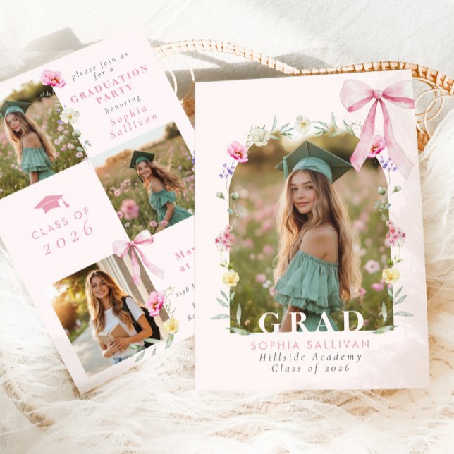 Convite Wildflower Bow Graduation party Photo Collage (Criador carregado)