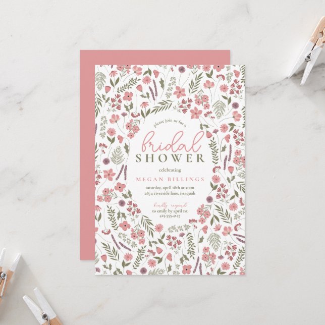 Convite wildflower bridal shower invitation - pink (Frente/Verso In Situ)