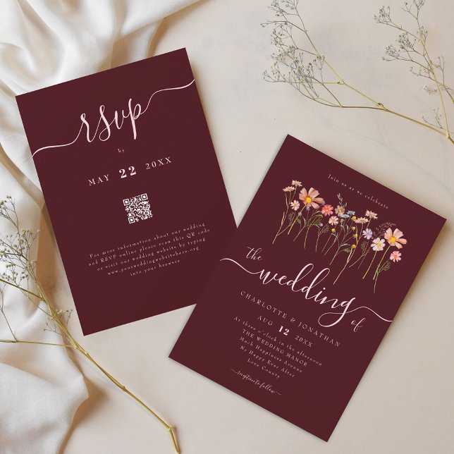 Convite Wildflower Burgundy Blush Pink Wedding QR code (Wildflower boho floral burgundy blush pink wedding qr code invitation Whimsical script and flowers)