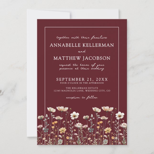 Convite Wildflower Burgundy Floral Wedding (Frente)