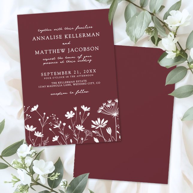 Convite Wildflower Burgundy Wedding (Wildflower Burgundy Wedding Invitation)