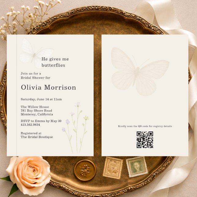 Convite Wildflower Butterflies QR Code Bridal Shower (Criador carregado)