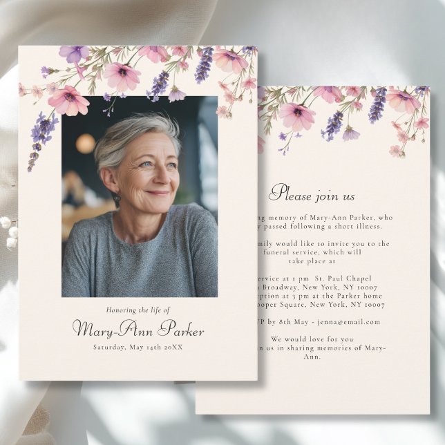 Convite Wildflower "Celebration of Life" Photo Funeral  (Wildflower "Celebration of Life" Photo Funeral White Purple Pink Invitation)
