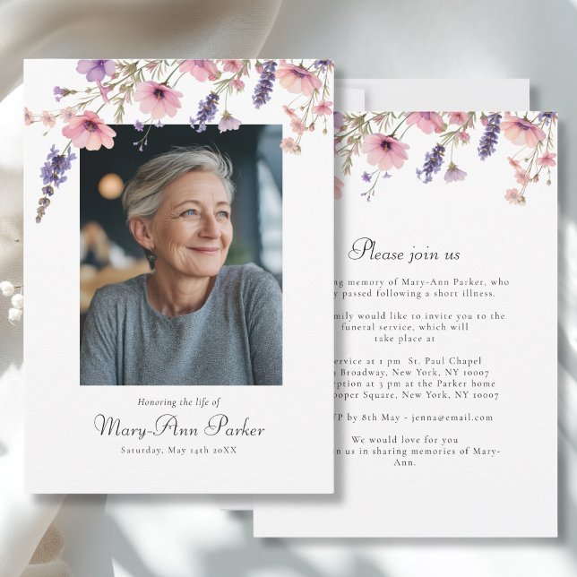 Convite Wildflower "Celebration of Life" Photo Funeral  (Wildflower "Celebration of Life" Photo Funeral White Purple Pink Invitation)
