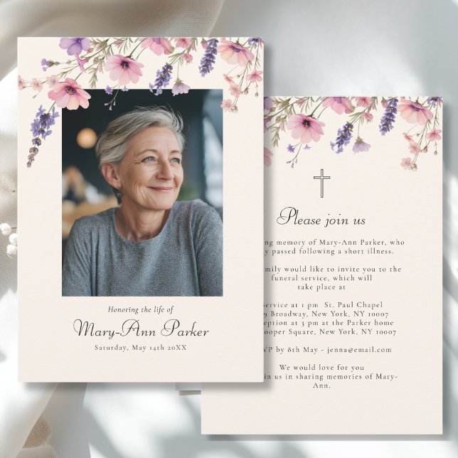 Convite Wildflower "Celebration of Life" Photo Funeral  (Wildflower "Celebration of Life" Photo Funeral Beige Purple Pink Invitation)