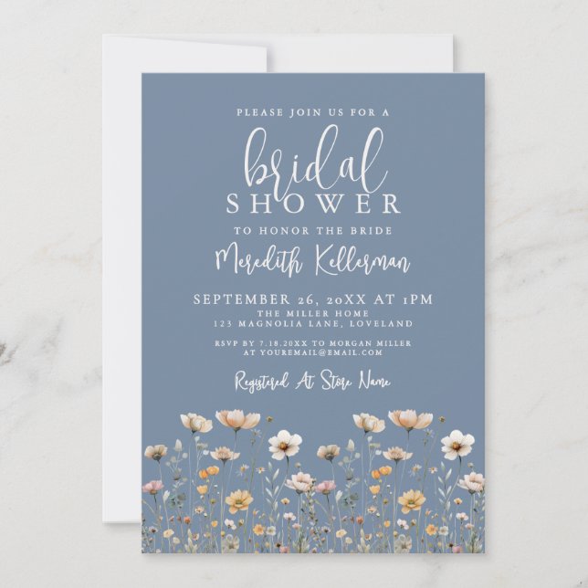Convite Wildflower Dusty Blue Bridal Shower (Frente)