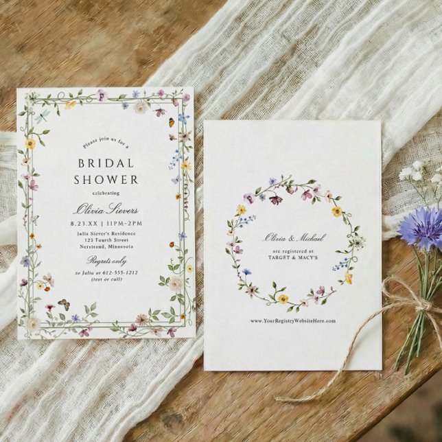Convite Wildflower Elegant Floral Garden Bridal Shower (Elegant wildflowers bridal shower invitation with watercolor flowers, botanical greenery, flowers)