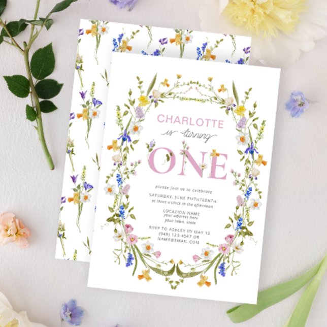 Convite Wildflower Está Transformando Um primeiro aniversa (1st Birthday Invitation)