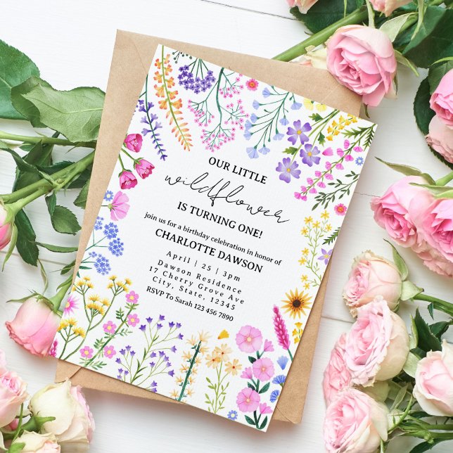 Convite Wildflower Está Transformando Uma Garota Primeiro  (Our Little Wildflower Floral First Birthday Invitation)