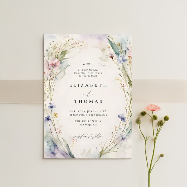 Convite Wildflower Fête Romântico Elegante Ecru Casamento (wildflower wedding theme invitation watercolor ecru garden modern classic elegant spring summer)