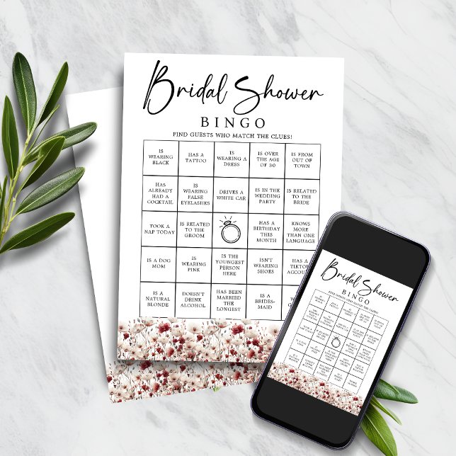 Convite Wildflower Find the Guest Chá de panela Bingo Game (Wildflower Find the Guest Bridal Shower Bingo Game)