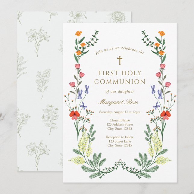 Convite Wildflower First Santa Comunhão (Frente/Verso)