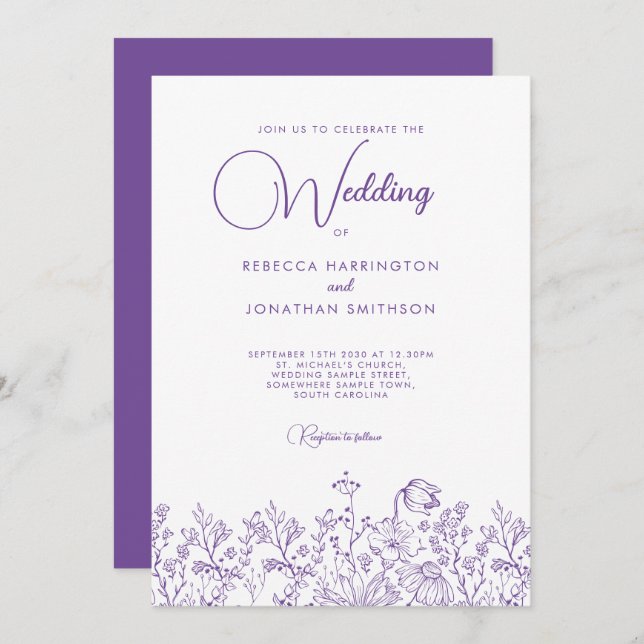 Convite Wildflower Floral Elegant Lilac Wedding (Frente/Verso)