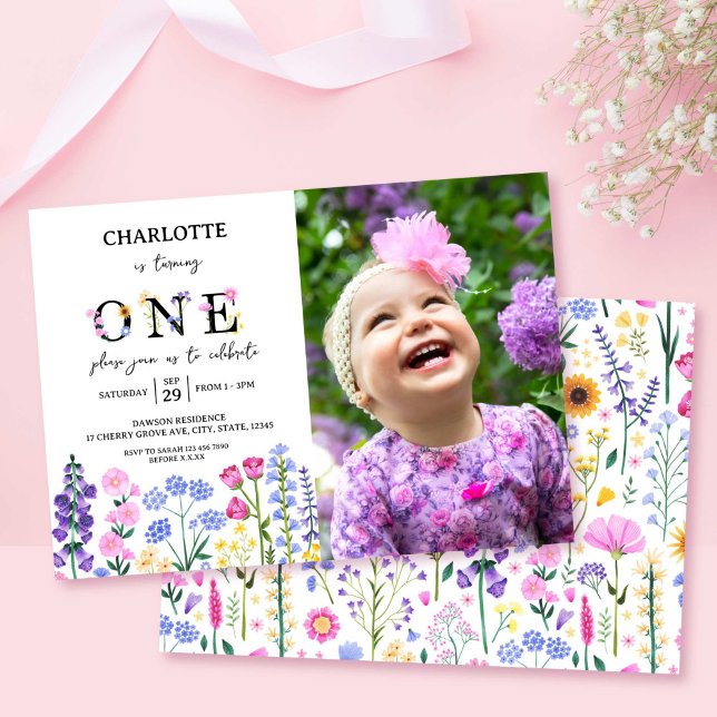 Convite Wildflower Floral Girl First Birthday Primavera Ph (Wildflower Floral Girl First Birthday Spring Photo Invitation)