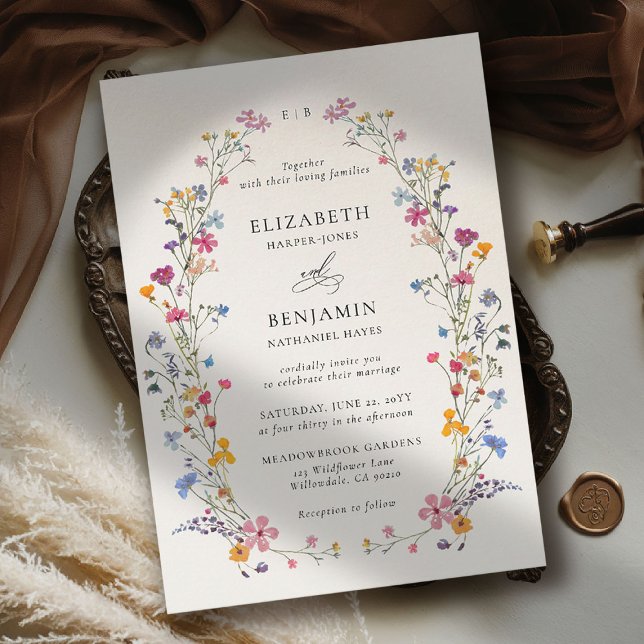 Convite Wildflower Grace Romantic Garden Elegant Wedding (wildflower wedding theme invitation romantic colorful watercolor pastel floral timeless classic)