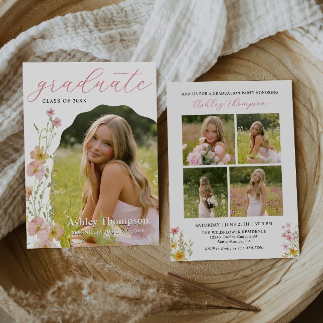 Convite Wildflower Graduation Party Photo Collage (Criador carregado)