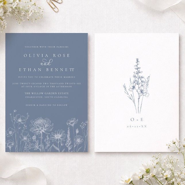 Convite Wildflower Line Art Periwinkle Wedding  (Periwinkle Wedding Invite)