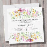 Convite Wildflower Meadow Bridesmaids Luncheon<br><div class="desc">Chamada de Luncheon das Bridesmaids de Flor Selvagem. Este bonito design de flor silvestre a aquarela tem delicadas flores de prado em laranja rosa e amarelo. Modelo de tendências femininas com a noiva convidada com tipografia elegante. Por favor, procure na minha loja e na coleção de Prados de Flores Selvagens...</div>