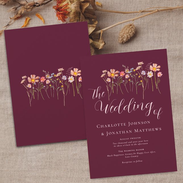 Convite Wildflower Meadow Elegant Script Burgundy & Blush (Wildflower meadow boho floral burgundy terracotta blush pink fall Wedding invitation Elegant script)