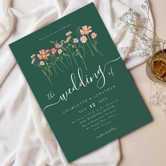 Convite Wildflower Meadow Elegant Script Green (Wildflower meadow boho floral green fall Wedding Watercolor flowers fall colors elegant script)