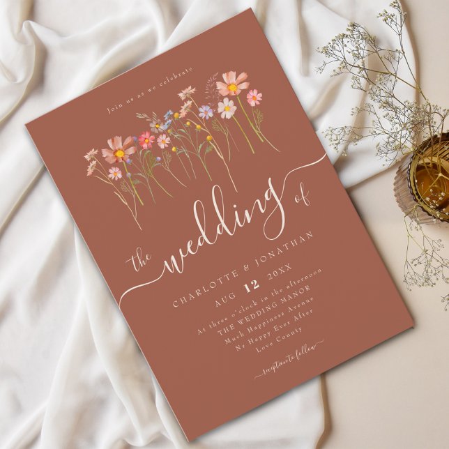 Convite Wildflower Meadow Modern Script Terracotta & Beige (Wildflower meadow boho floral terracotta & beige Wedding Elegant modern script watercolor fall color)