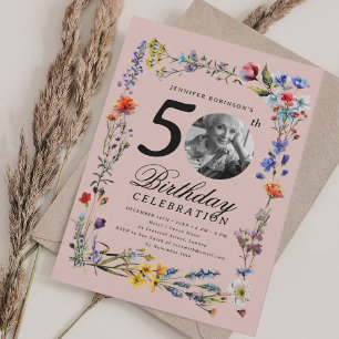 Convite Wildflower Meadow Photo 50th Birthday Blush Pink