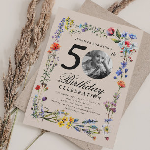 Convite Wildflower Meadow Photo 50th Birthday Champagne