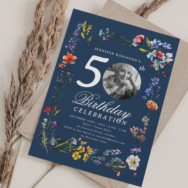 Convite Wildflower Meadow Photo 50th Birthday Marinho Blue (Wildflower Meadow Photo 50th Birthday Navy Blue Invitation)
