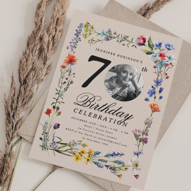 Convite Wildflower Meadow Photo 70th Birthday Champagne  (Wildflower Meadow Photo 70th Birthday Champagne Invitation)