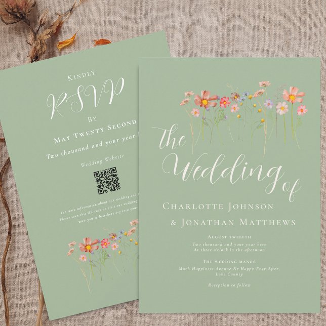 Convite Wildflower Meadow Sage Green Code Casamento (Boho fall Wildflower meadow sage green Wedding qr code invitation Elegant script modern watercolor)