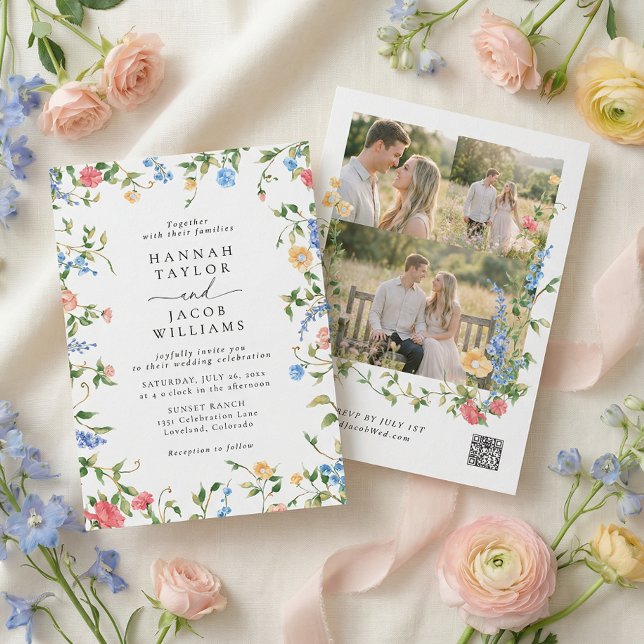 Convite Wildflower Meadow Three Photo RSVP Wedding (Criador carregado)