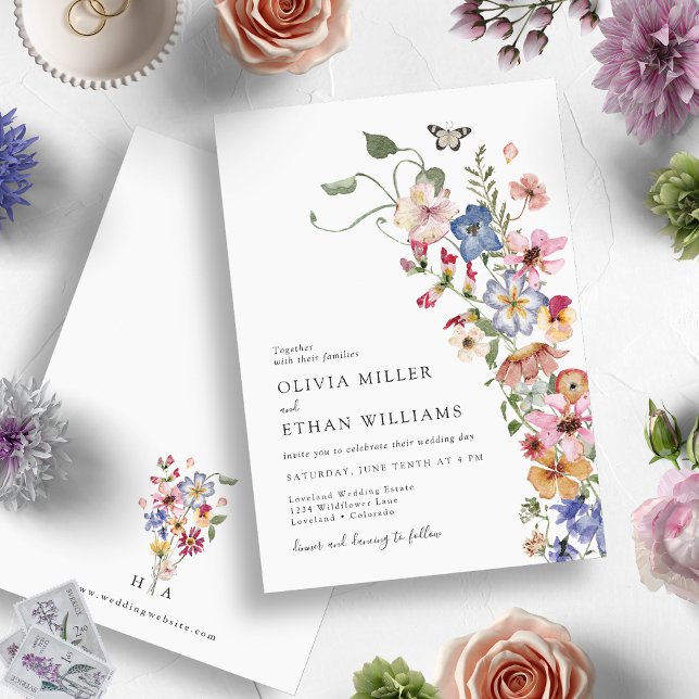 Convite Wildflower Modern Wedding (Elegant Monogrammed Watercolor Wildflower Wedding Invitation by Painted Paperie)