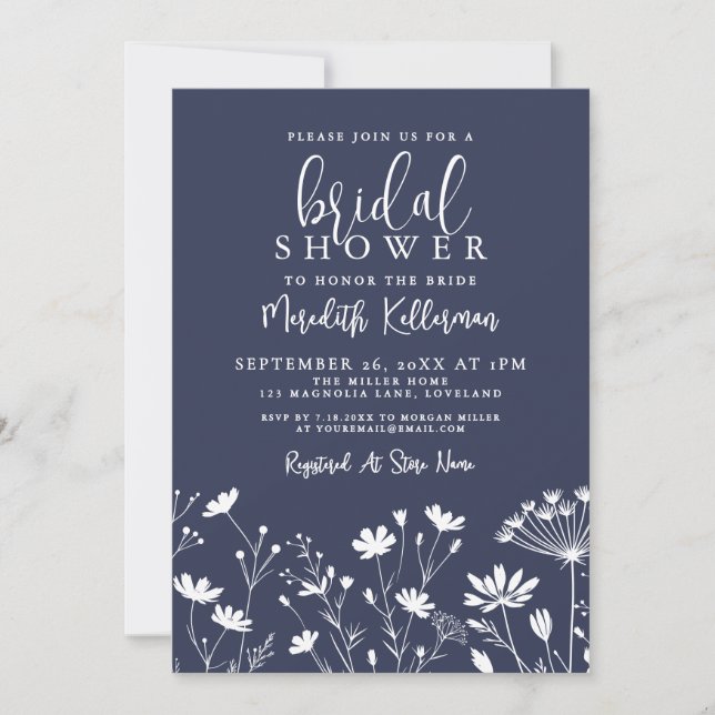 Convite Wildflower Navy Blue Bridal Shower (Frente)