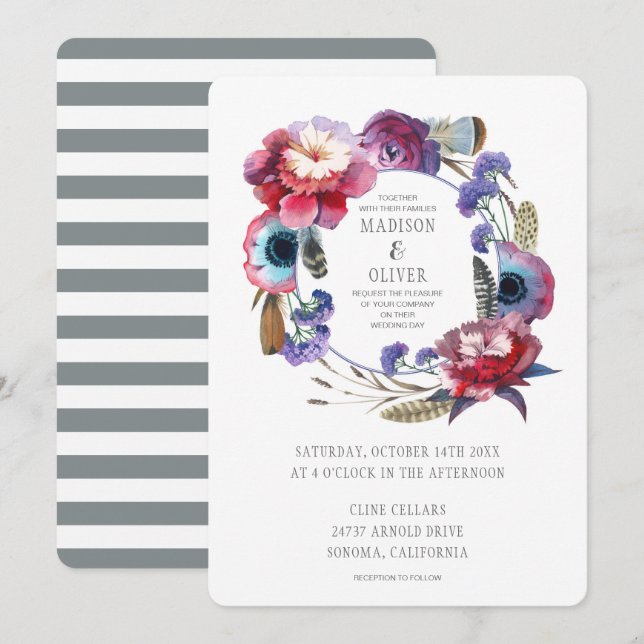 Convite Wildflower Peony Floral com Penas| Casamento (Frente/Verso)