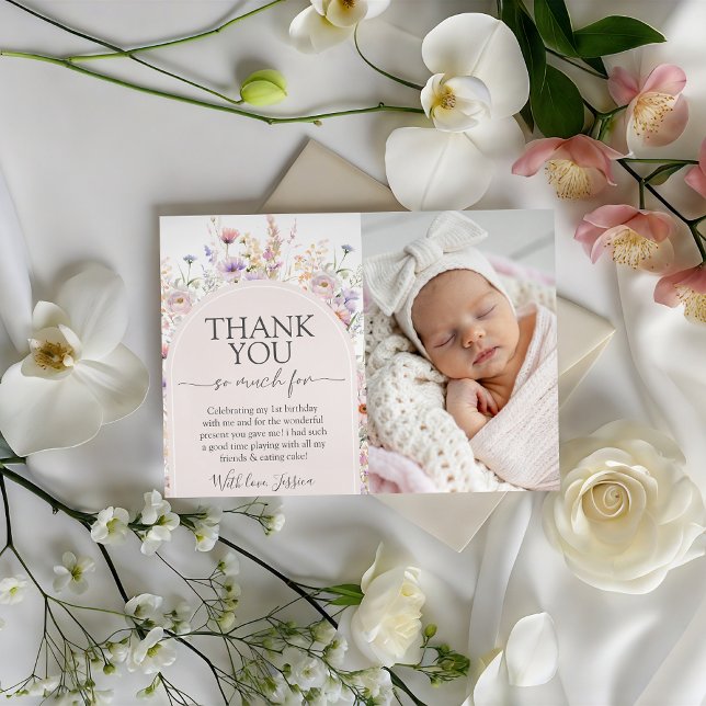 Convite Wildflower Photo Birthday Thank You Card (Criador carregado)