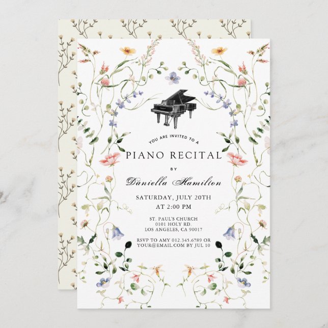 Convite Wildflower Piano White Recital Invitation (Frente/Verso)