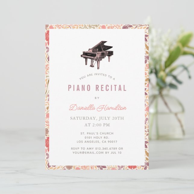 Convite Wildflower Piano White Recital Invitation (Em pé/Frente)