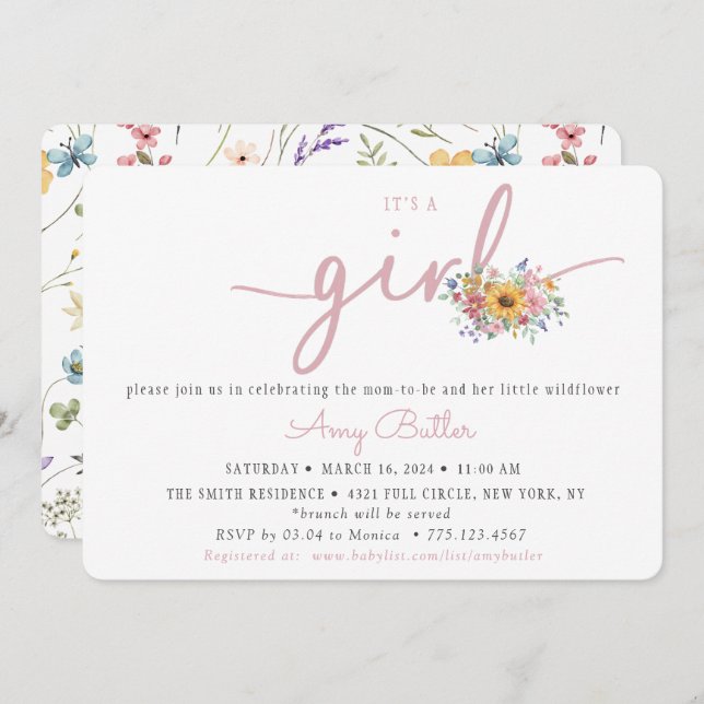 Convite Wildflower Pink Baby Shower Invitation (Frente/Verso)