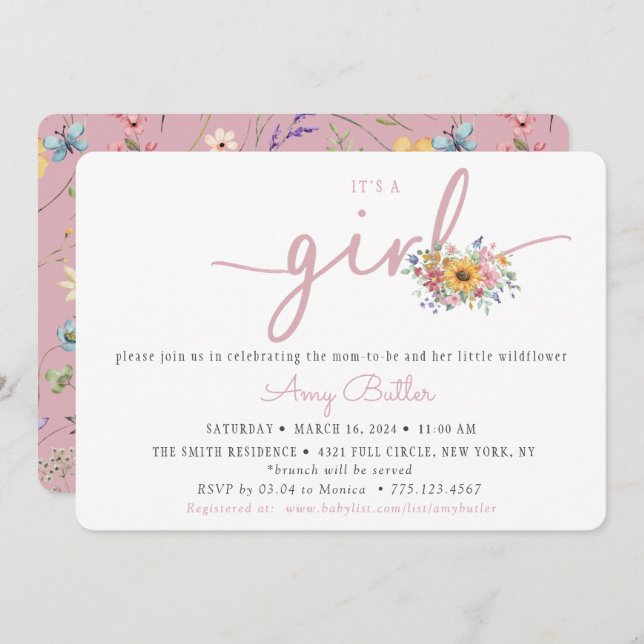 Convite Wildflower Pink Baby Shower Invitation (Frente/Verso)