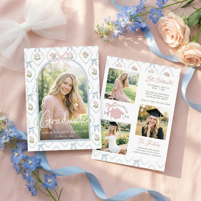 Convite Wildflower Pink Bow Photo Graduation (Criador carregado)