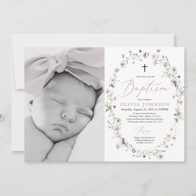 Convite Wildflower Purple Girl Photo Baptism Invitation (Frente)
