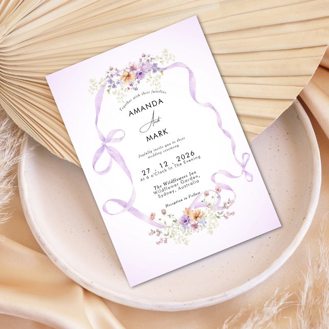 Convite Wildflower Purple Ribbon Coquette Bow Wedding  (Criador carregado)