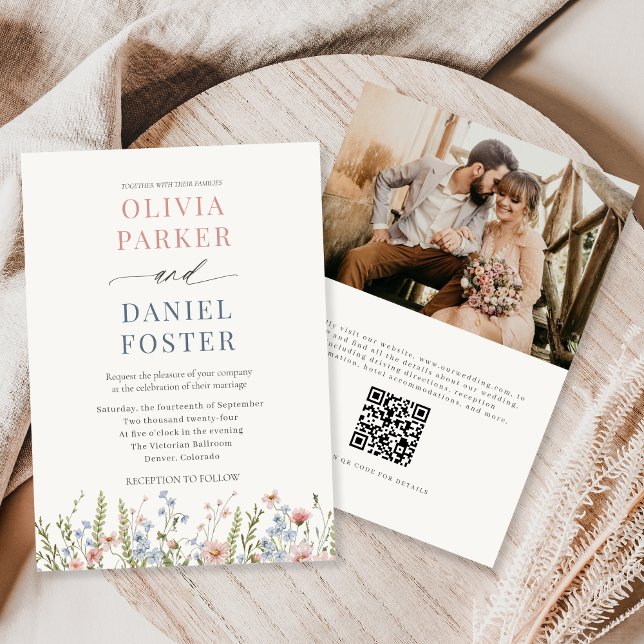 Convite Wildflower QR Code Photo Wedding (Criador carregado)