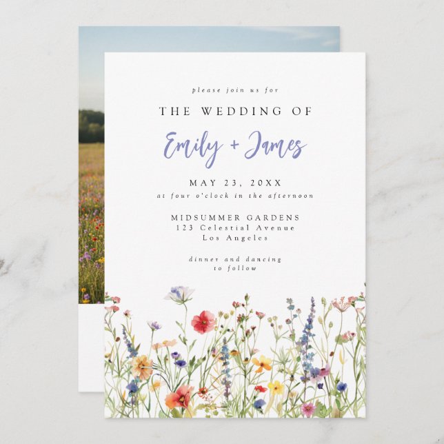 Convite Wildflower QR Code Photo Wedding Invitation (Frente/Verso)