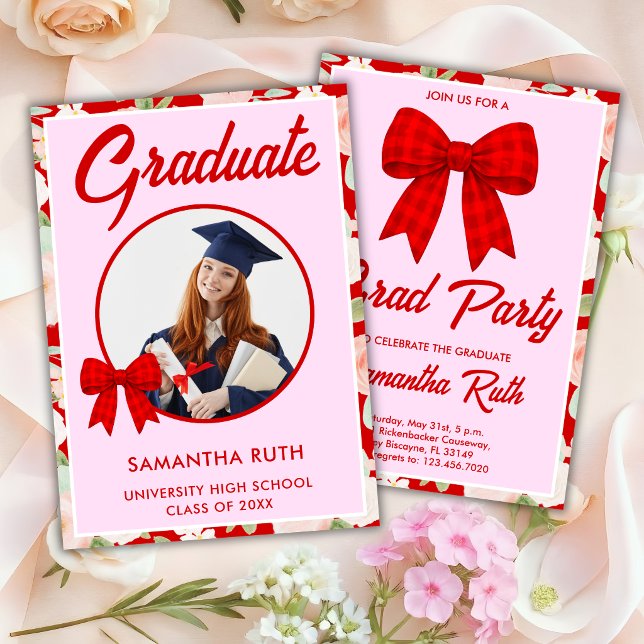 Convite Wildflower Red Gingham Bow Photo Graduation (Criador carregado)