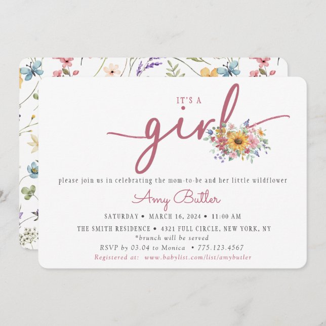 Convite Wildflower & Rose Baby Shower Invitation (Frente/Verso)