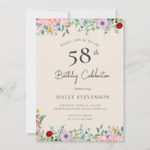 Convite Wildflower Rustic Boho 58th Birthday Simple Beige