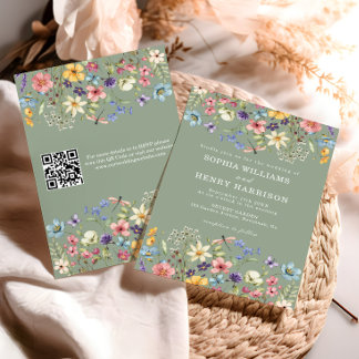 Convite Wildflower Rustic Sage Green Wedding Código QR